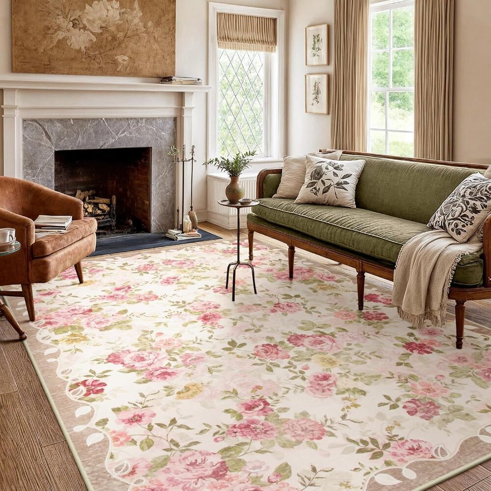 New 6x9 Washable Boho Floral Vintage Non-Slip Rug, Carpet for Home & Room Decor